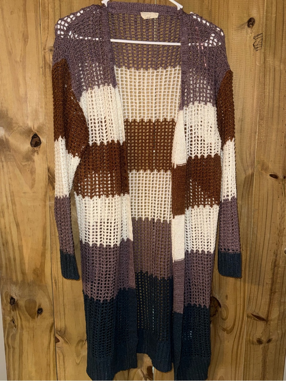 Chunky Open Knit Colorblock Long Cardigan - Brown/White/Purple/Black
